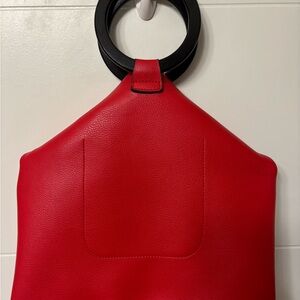 Red Vegan Leather Shoulder Bag with Black Ring Handle + Shoulder Strap